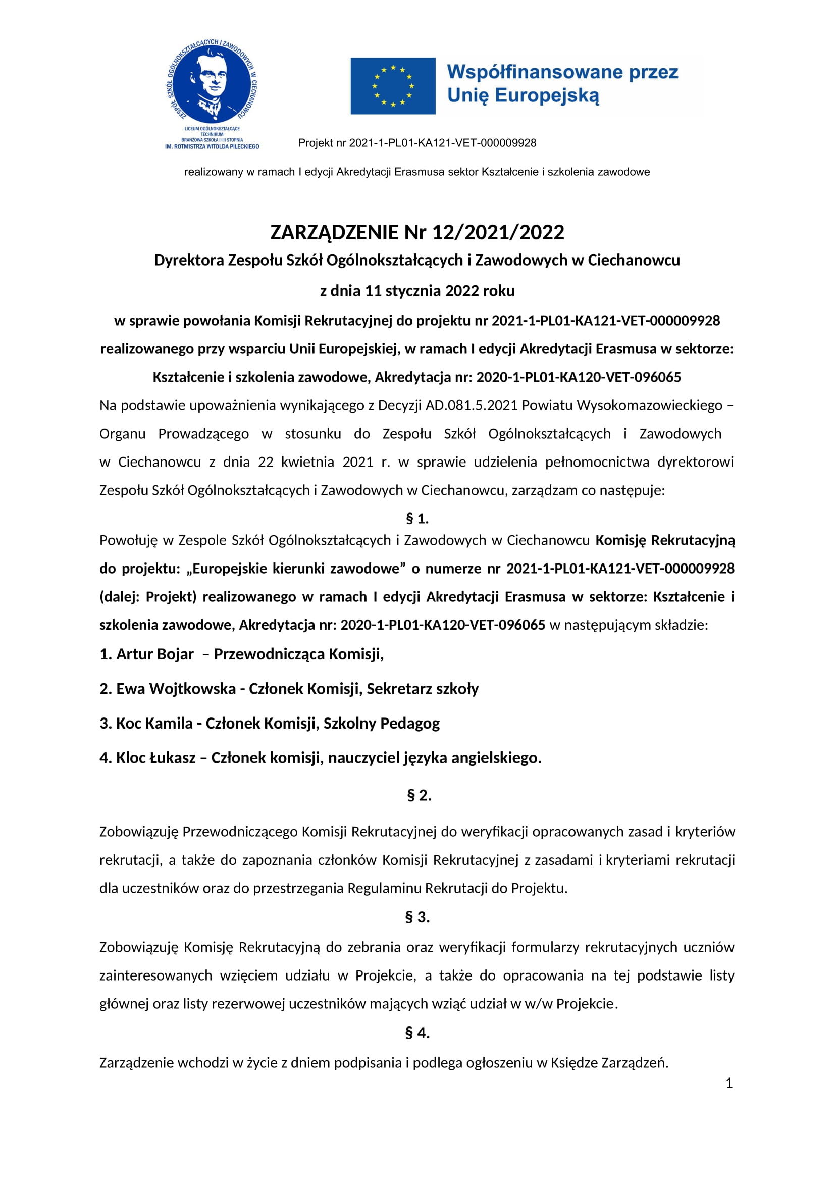 Zarządzenie ws. Komisji Rekrutacyjnej